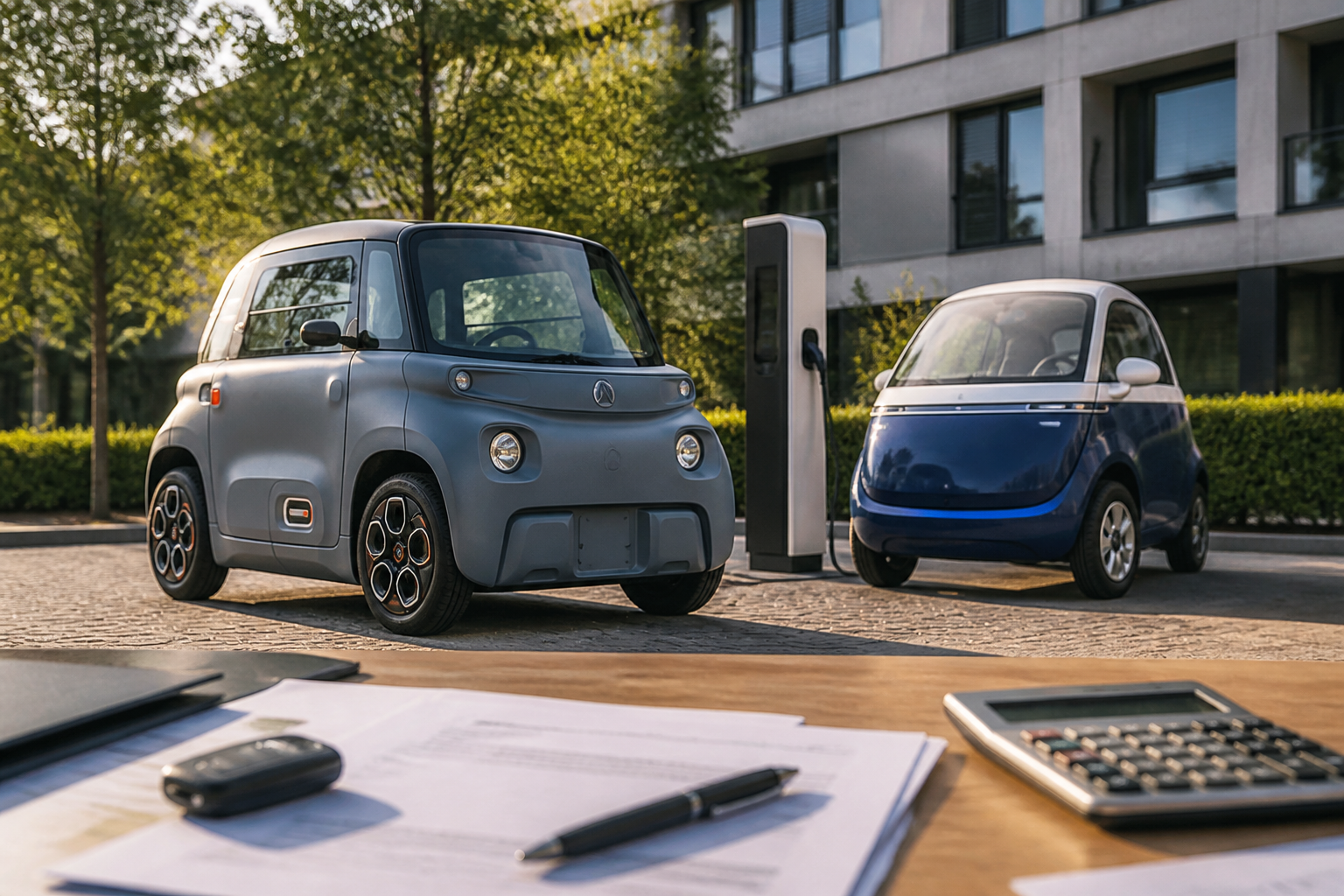 Electric vehicle parked near a modern charging station with insurance documents nearby