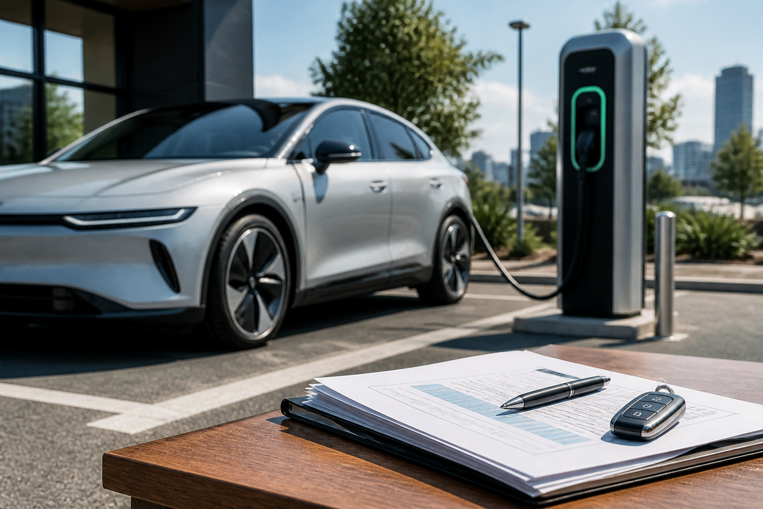 Electric vehicle parked near a modern charging station with insurance documents nearby