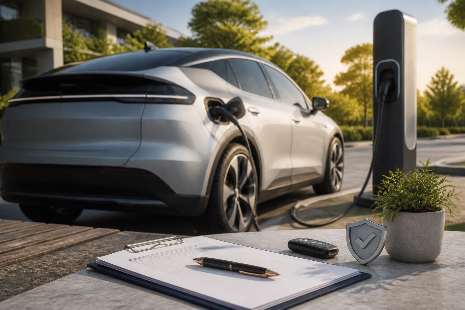 Electric vehicle parked near a modern charging station with insurance documents nearby