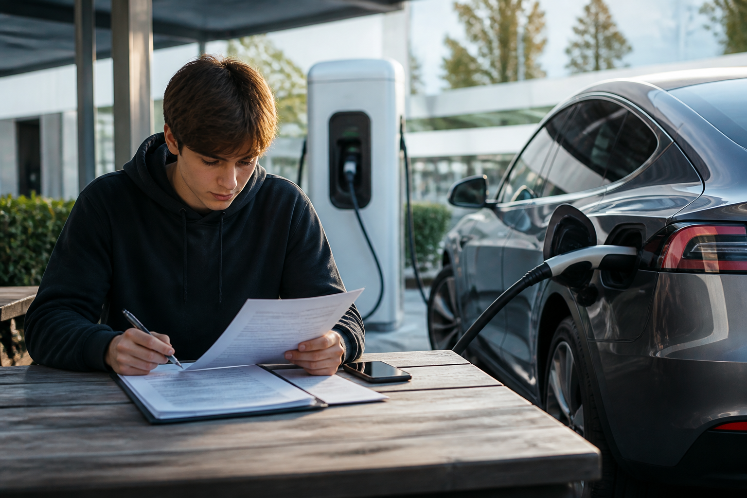 Electric vehicle parked near a modern charging station with insurance documents nearby