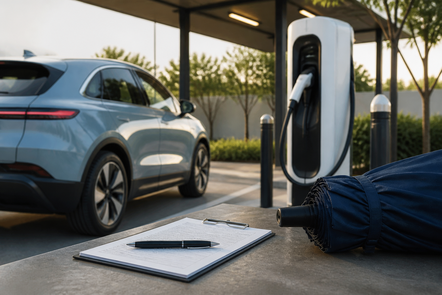 Electric vehicle parked near a modern charging station with insurance documents nearby