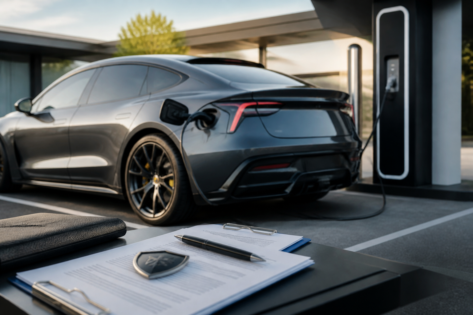 Electric vehicle parked near a modern charging station with insurance documents nearby
