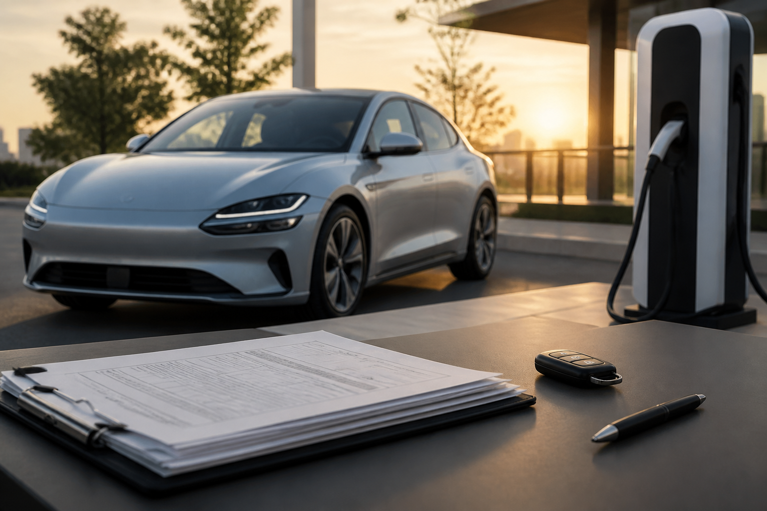 Electric vehicle parked near a modern charging station with insurance documents nearby