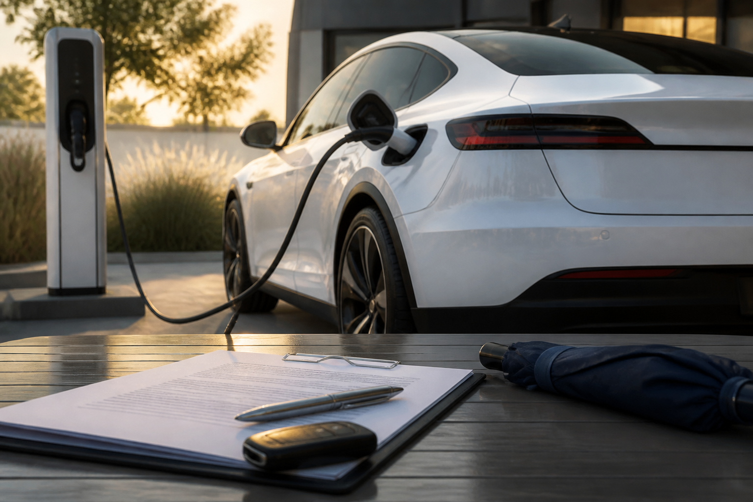 Electric vehicle parked near a modern charging station with insurance documents nearby