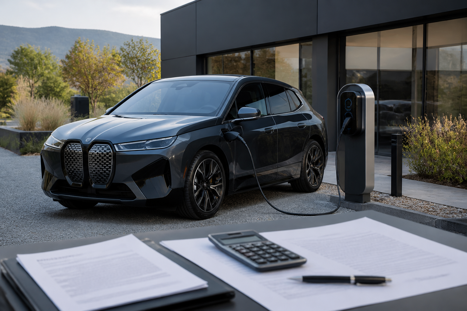 Electric vehicle parked near a modern charging station with insurance documents nearby