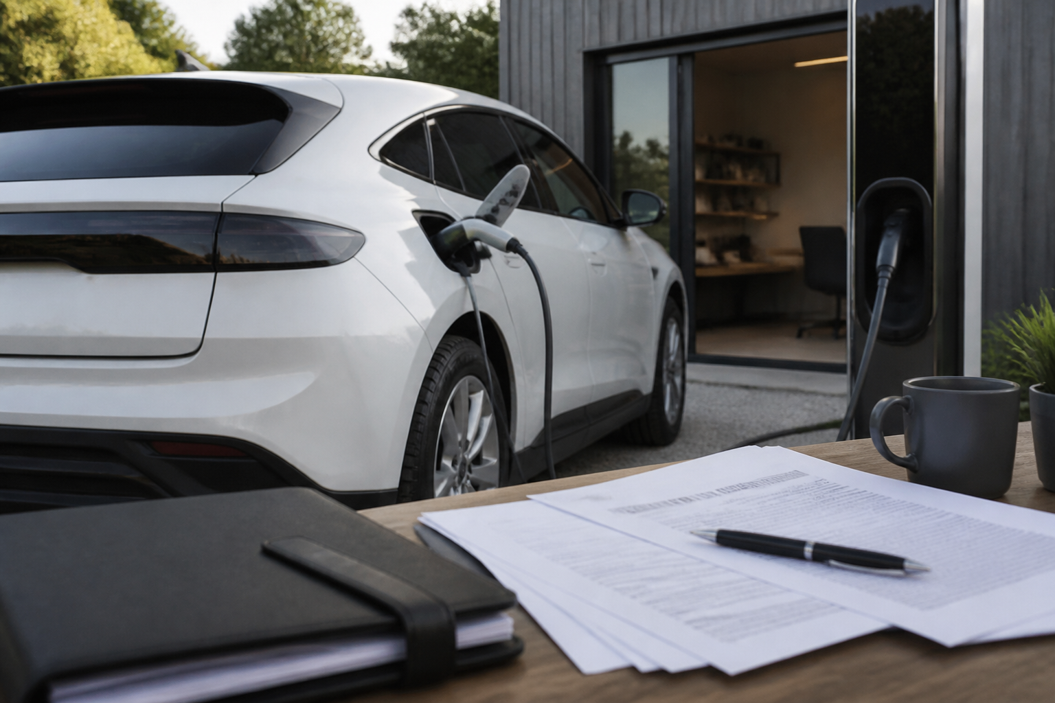 Electric vehicle parked near a modern charging station with insurance documents nearby