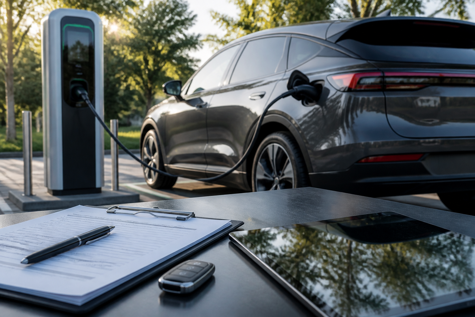Electric vehicle parked near a modern charging station with insurance documents nearby