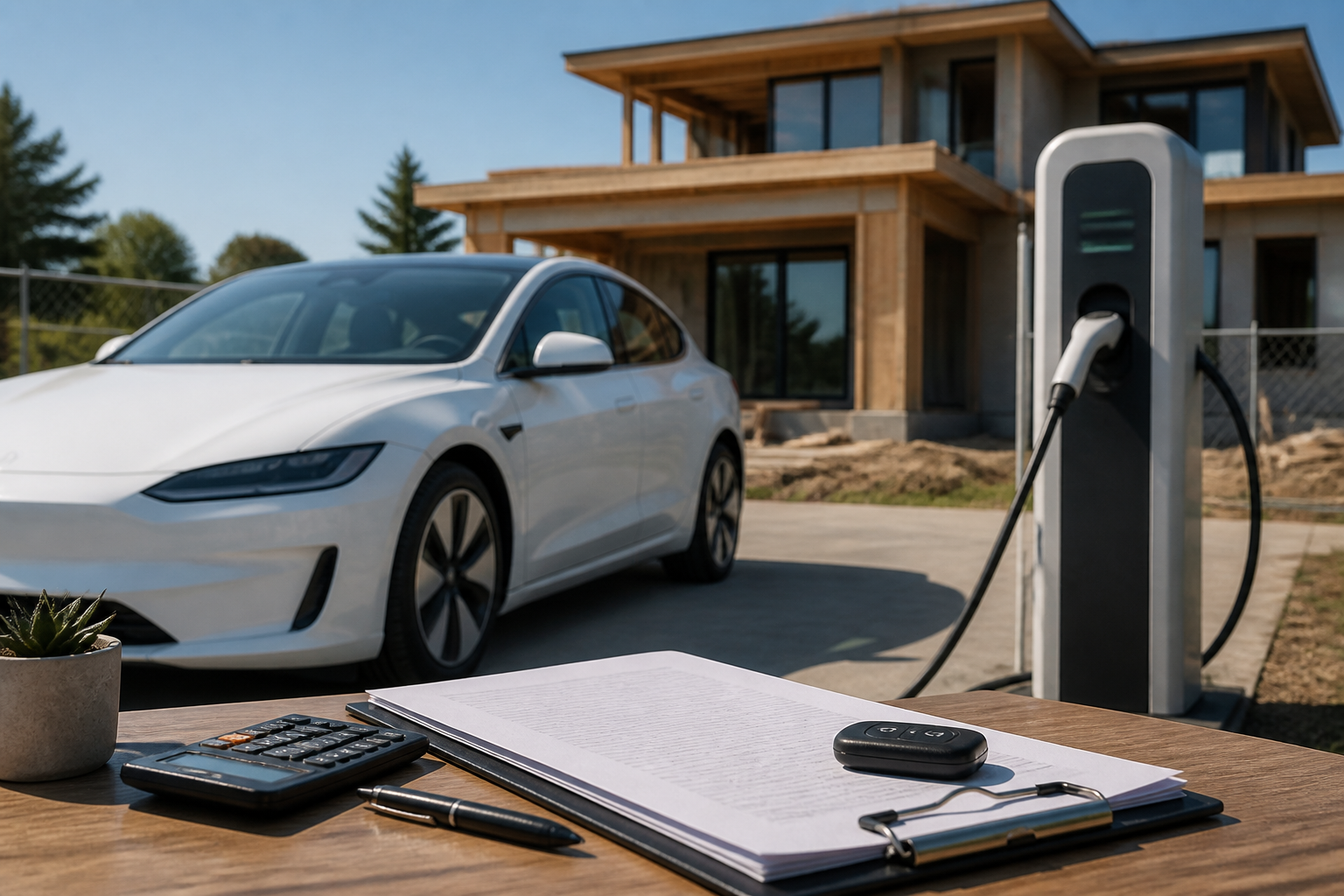 Electric vehicle parked near a modern charging station with insurance documents nearby