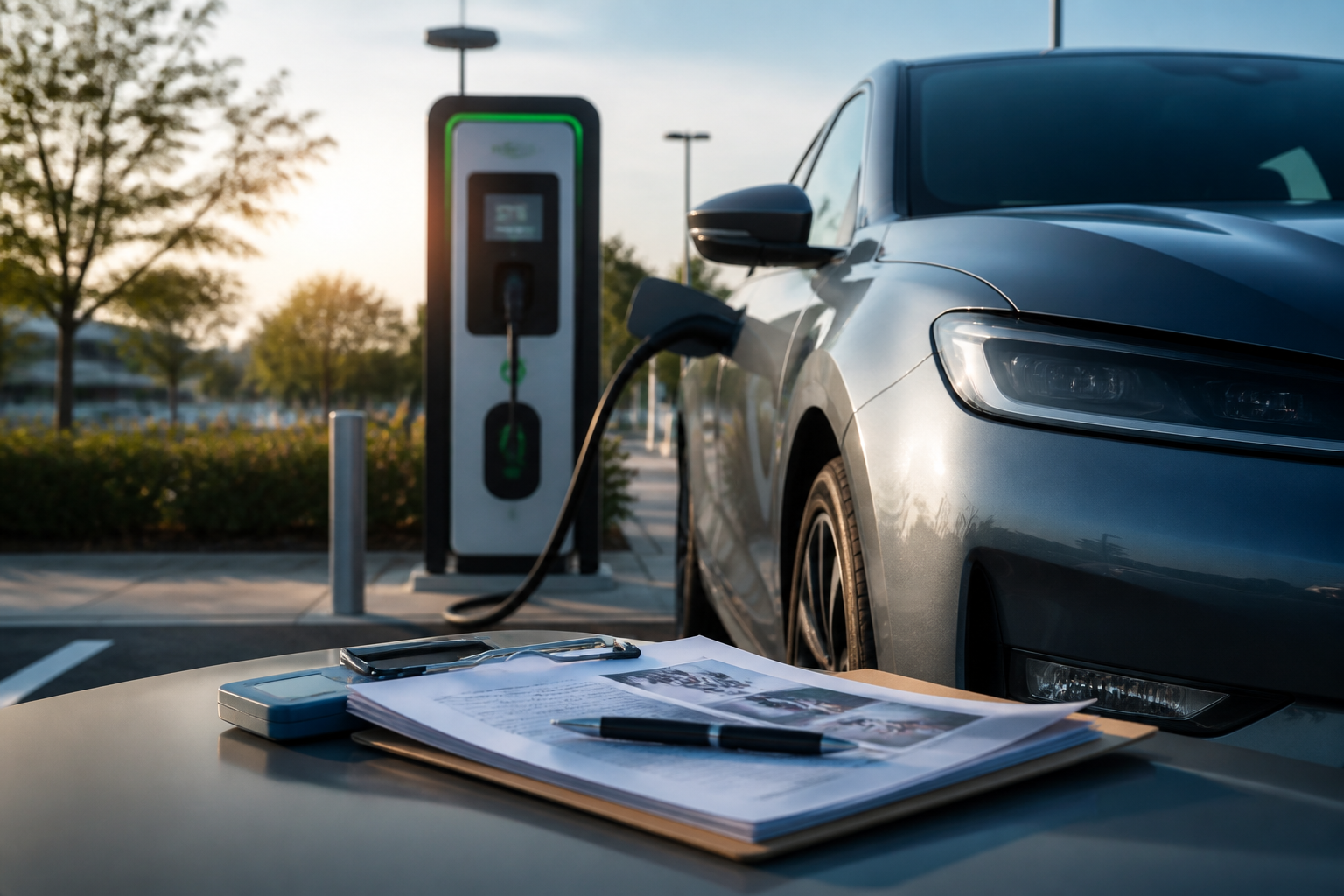 Electric vehicle parked near a modern charging station with insurance documents nearby