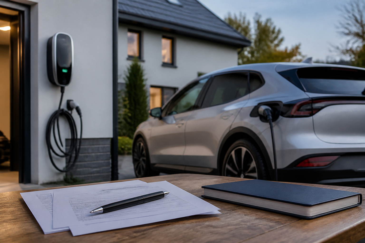 Electric vehicle parked near a modern charging station with insurance documents nearby