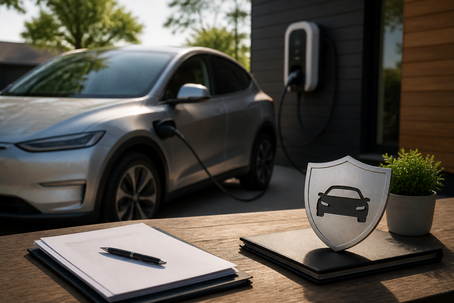 Electric vehicle parked near a modern charging station with insurance documents nearby