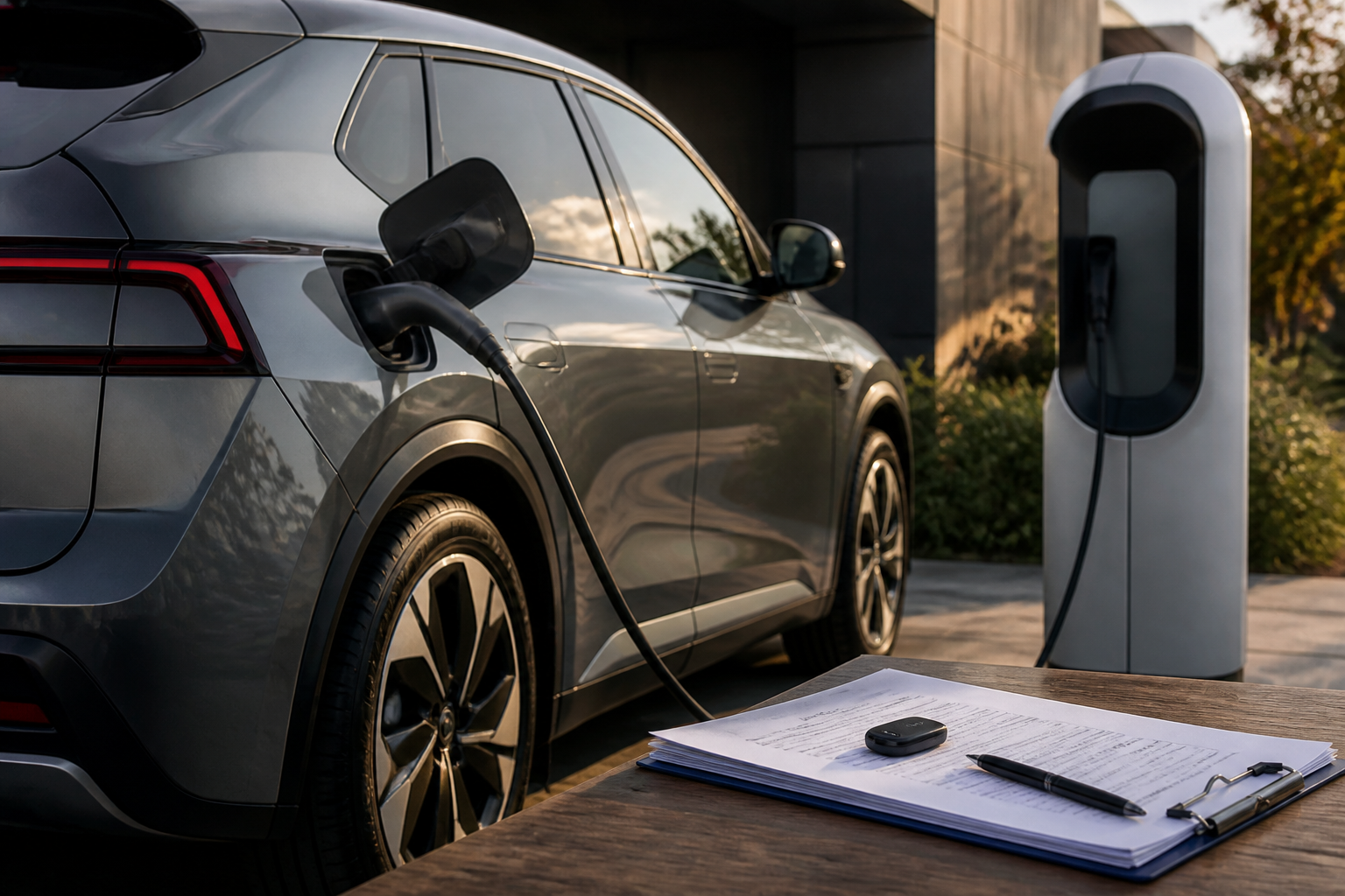Electric vehicle parked near a modern charging station with insurance documents nearby