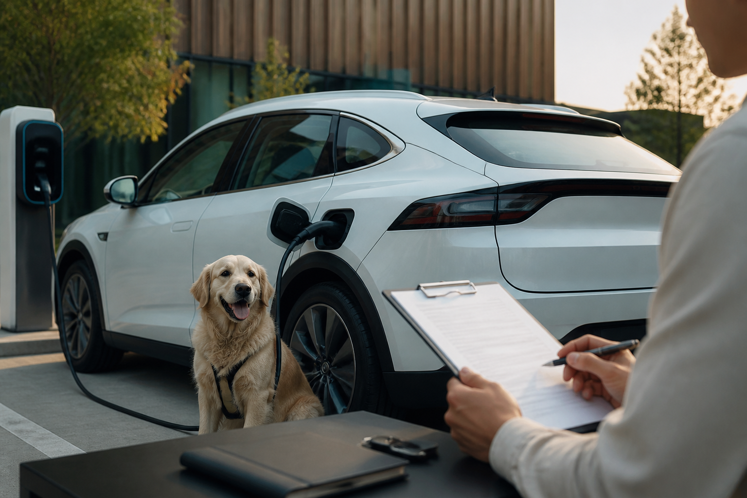 Electric vehicle parked near a modern charging station with insurance documents nearby