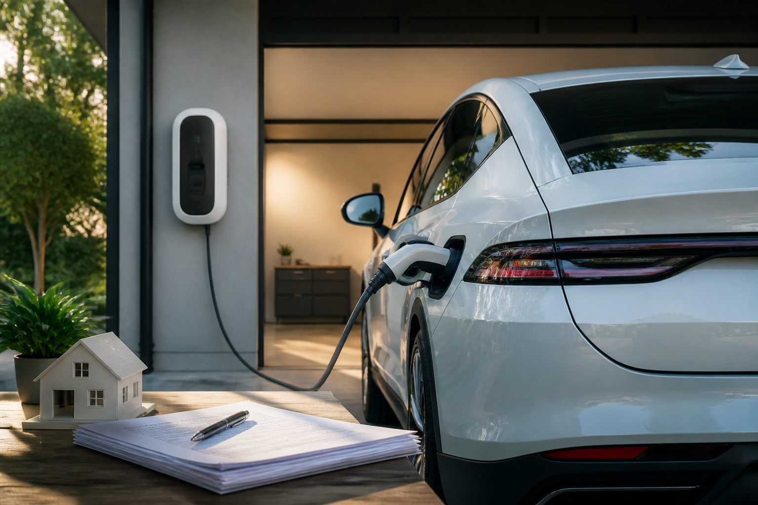 Electric vehicle parked near a modern charging station with insurance documents nearby