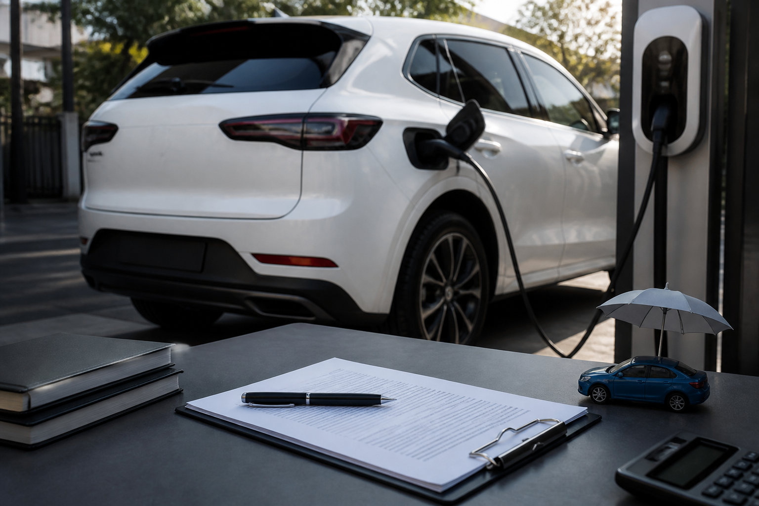 Electric vehicle parked near a modern charging station with insurance documents nearby