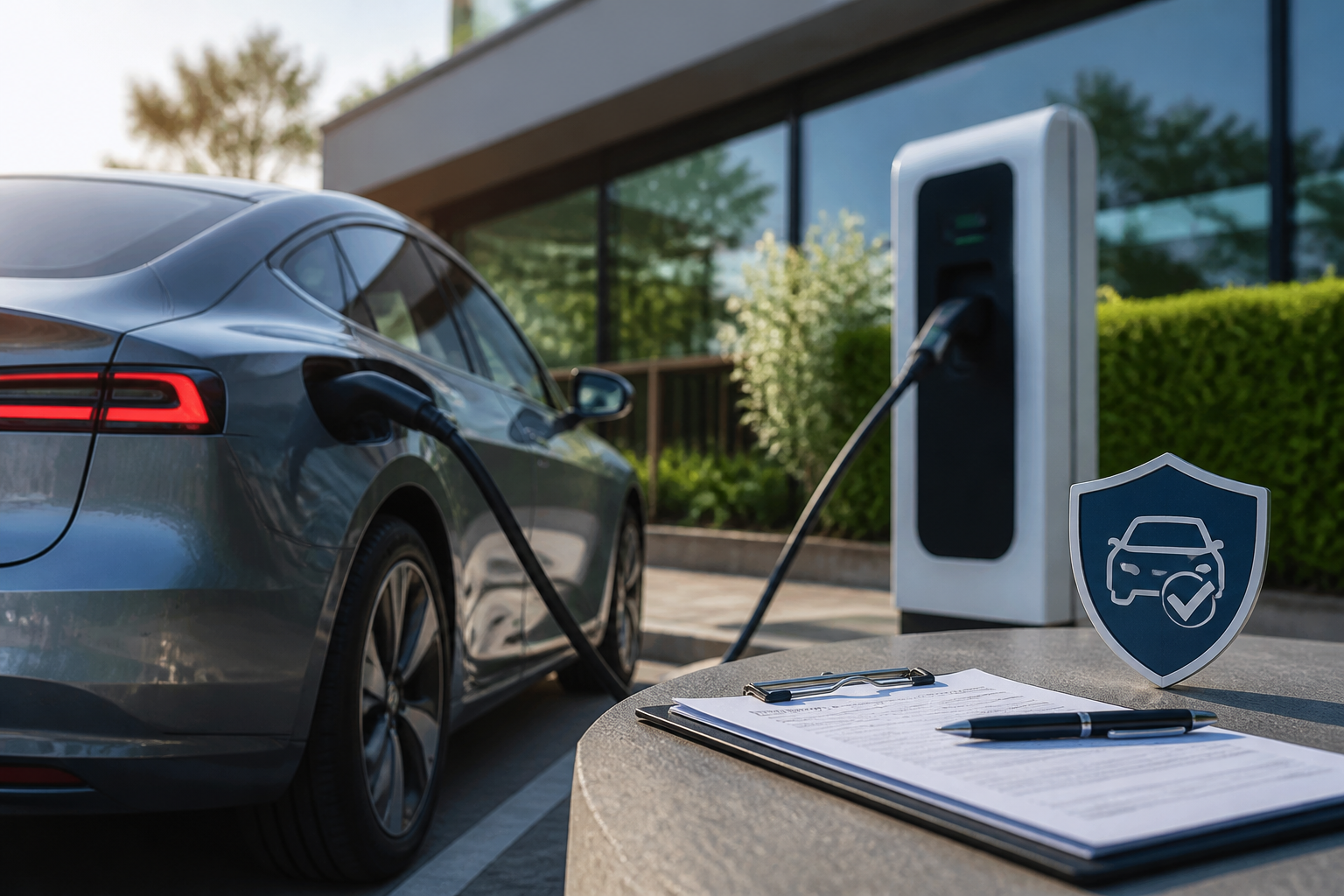 Electric vehicle parked near a modern charging station with insurance documents nearby