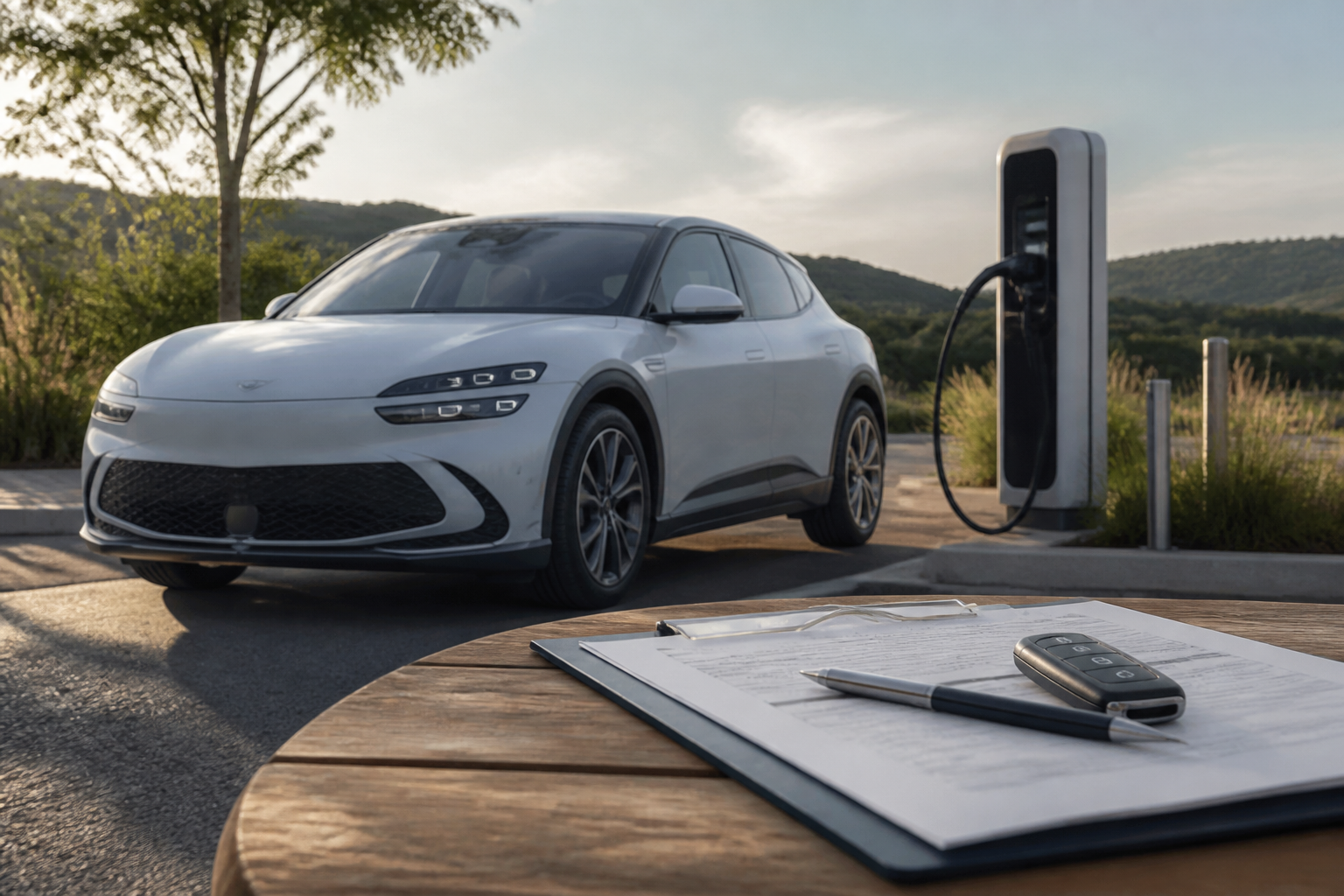 Electric vehicle parked near a modern charging station with insurance documents nearby