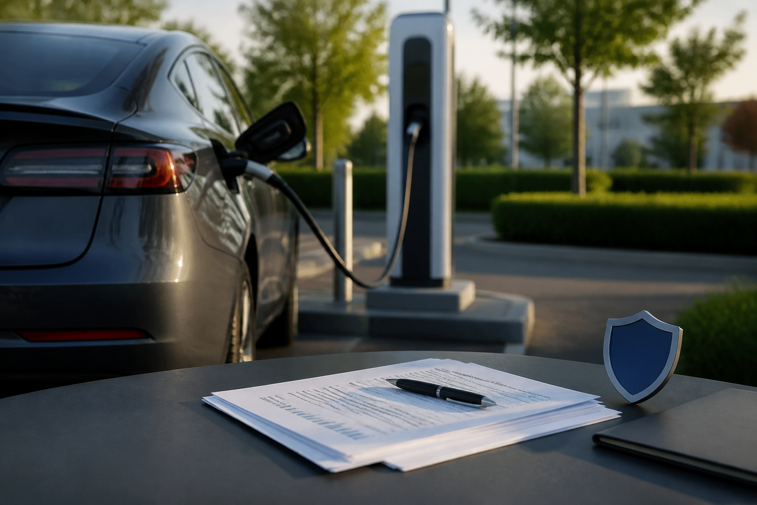 Electric vehicle parked near a modern charging station with insurance documents nearby