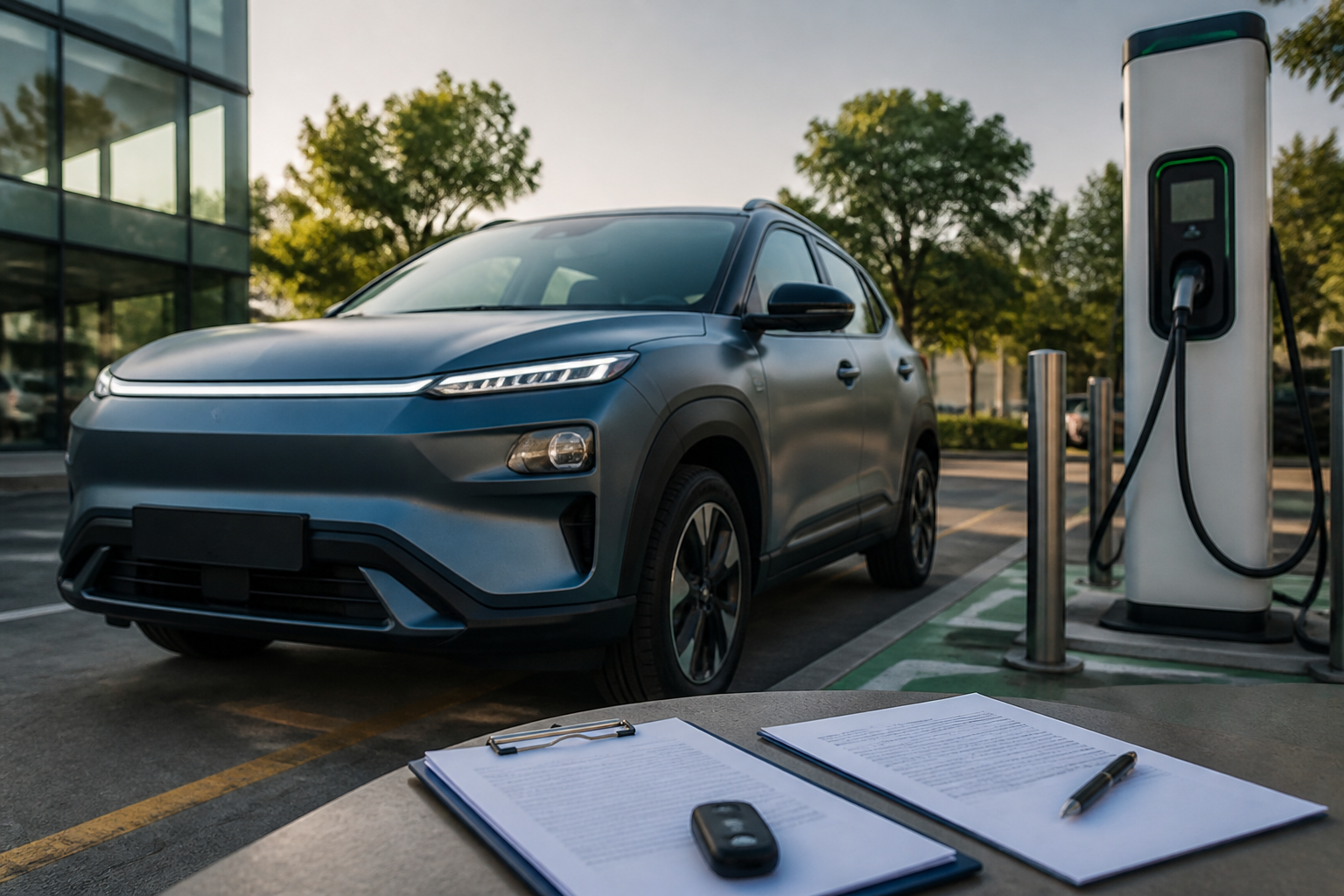 Electric vehicle parked near a modern charging station with insurance documents nearby