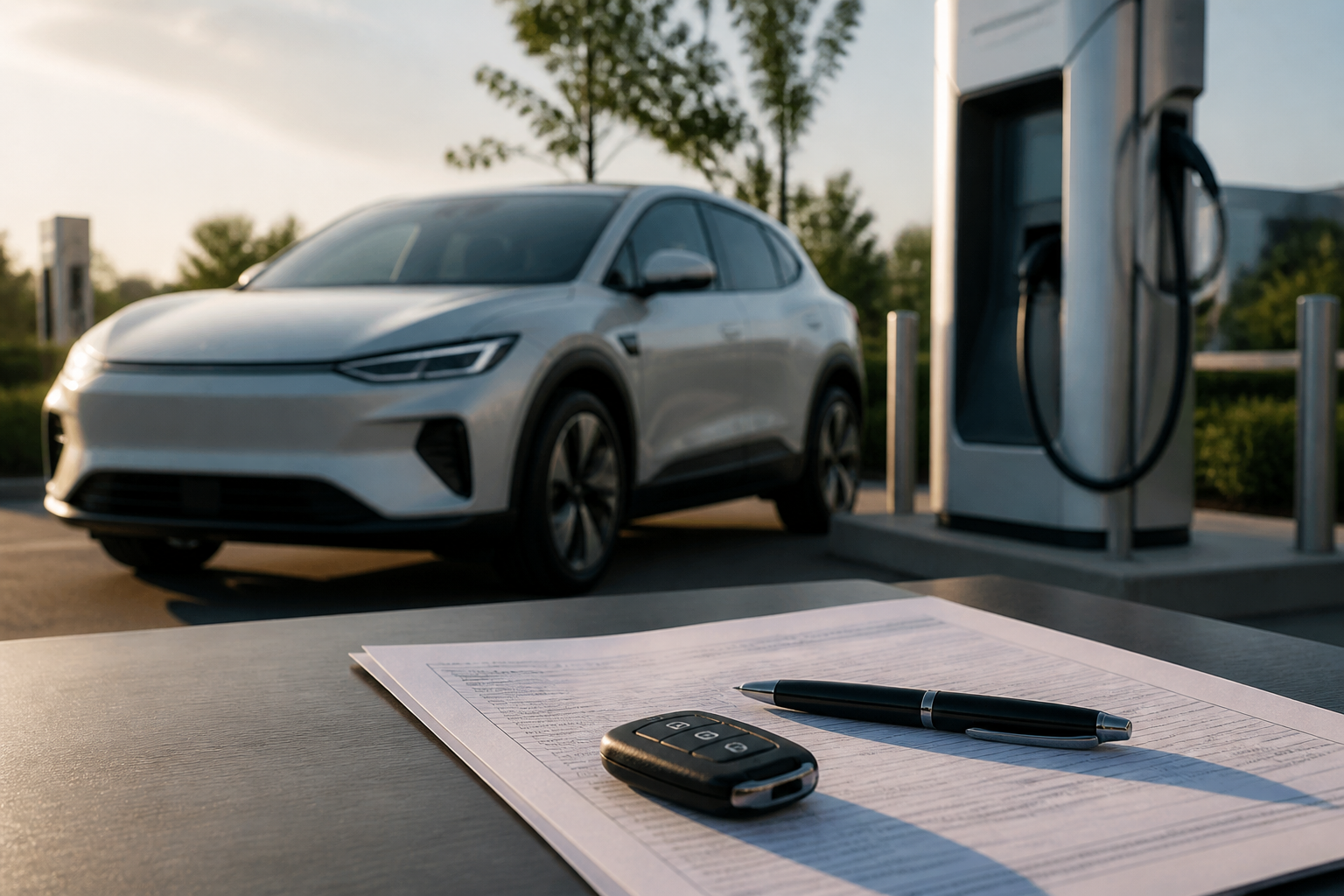 Electric vehicle parked near a modern charging station with insurance documents nearby
