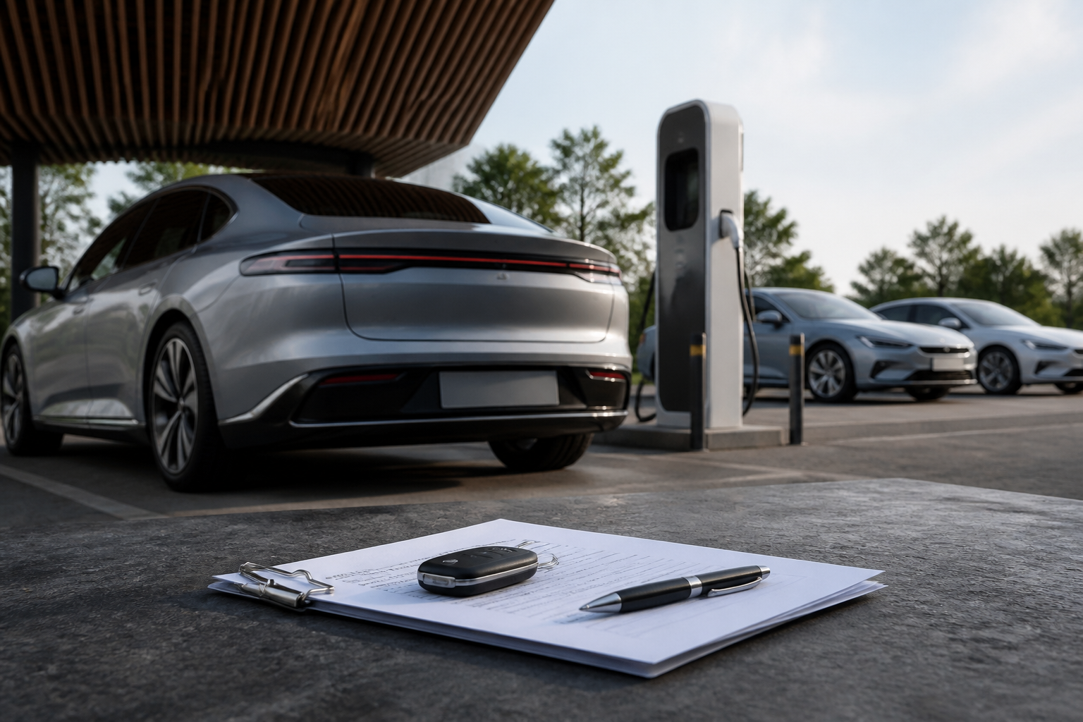 Electric vehicle parked near a modern charging station with insurance documents nearby