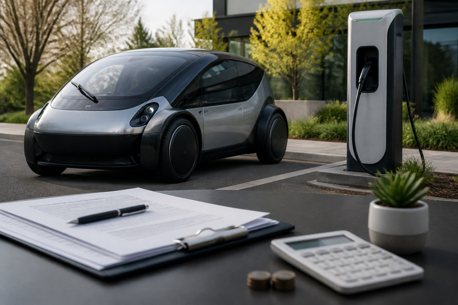 Electric vehicle parked near a modern charging station with insurance documents nearby