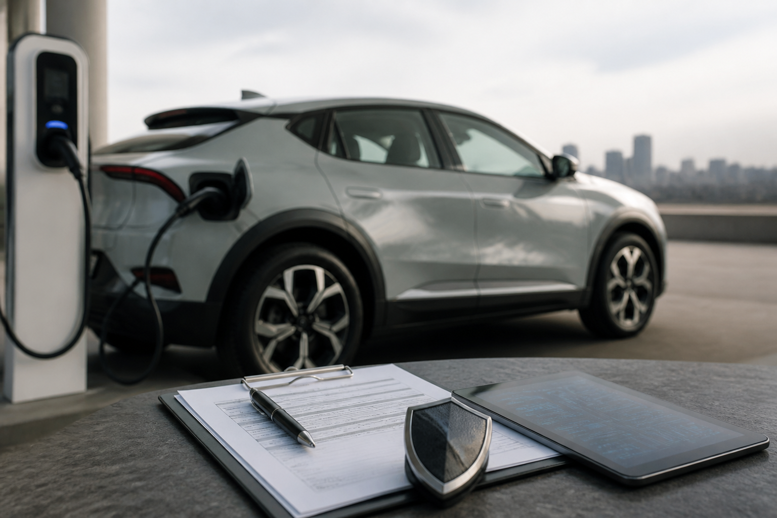 Electric vehicle parked near a modern charging station with insurance documents nearby