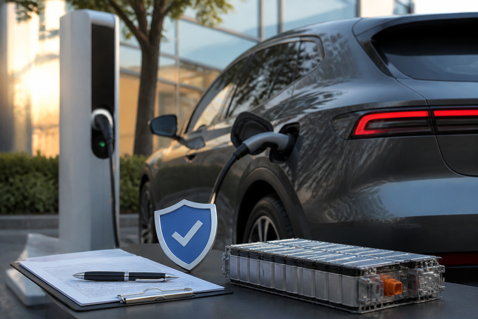 Electric vehicle parked near a modern charging station with insurance documents nearby