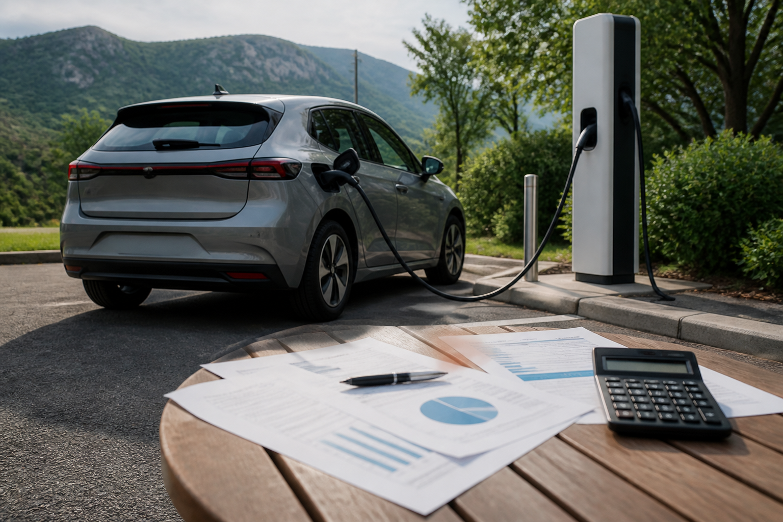 Electric vehicle parked near a modern charging station with insurance documents nearby