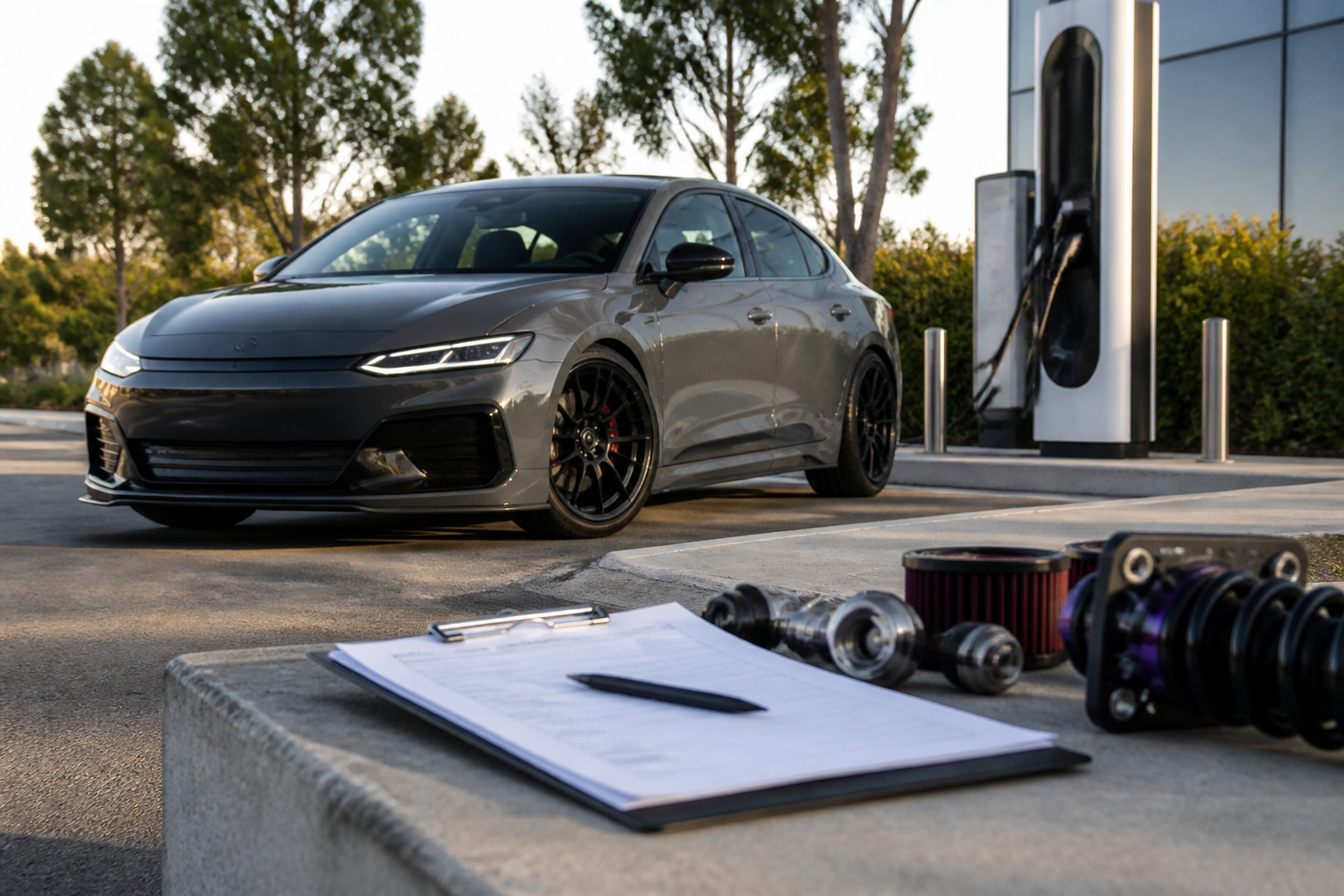 Electric vehicle parked near a modern charging station with insurance documents nearby