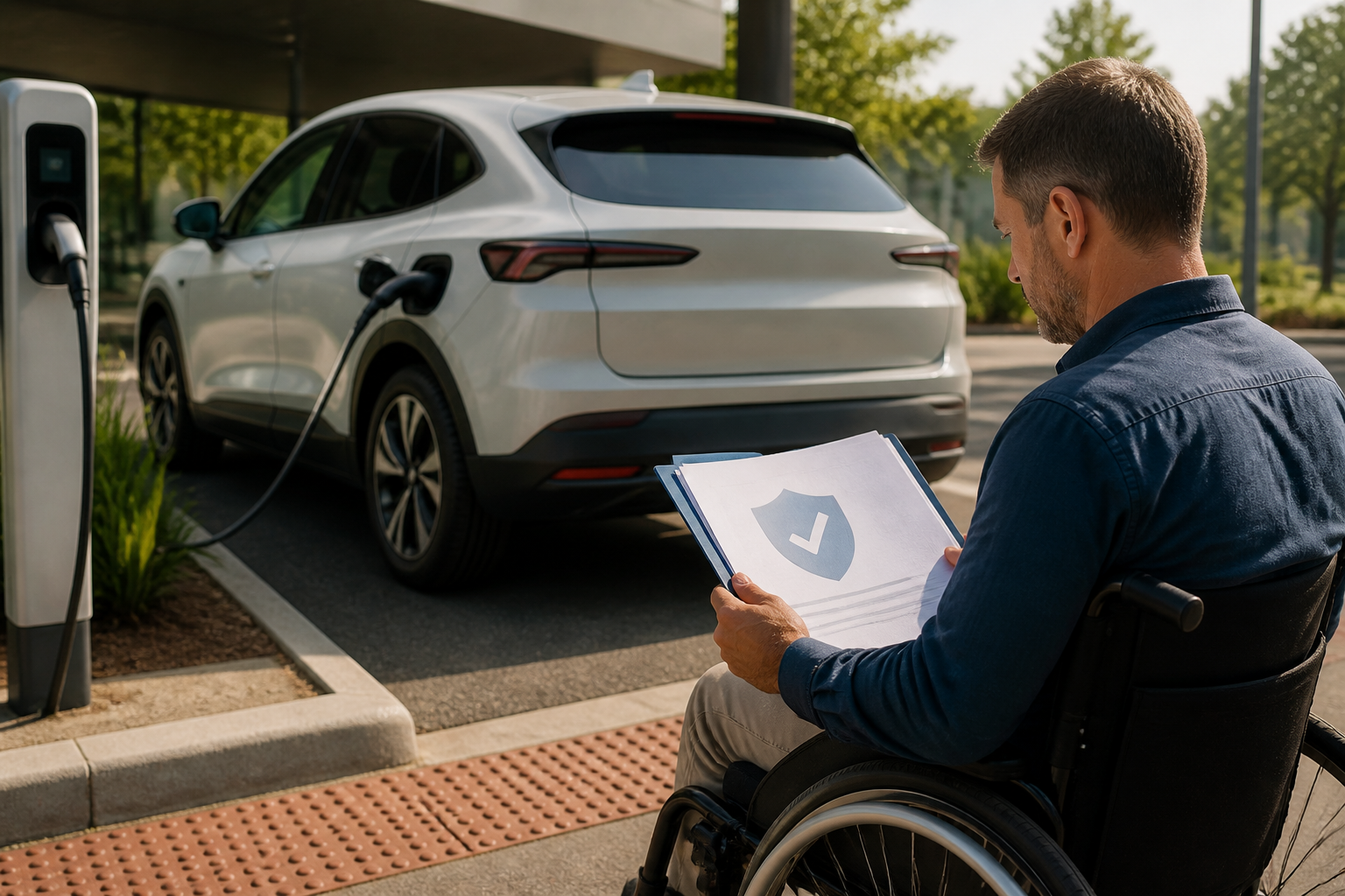 Electric vehicle parked near a modern charging station with insurance documents nearby