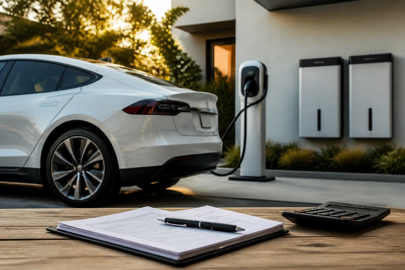 Electric vehicle parked near a modern charging station with insurance documents nearby