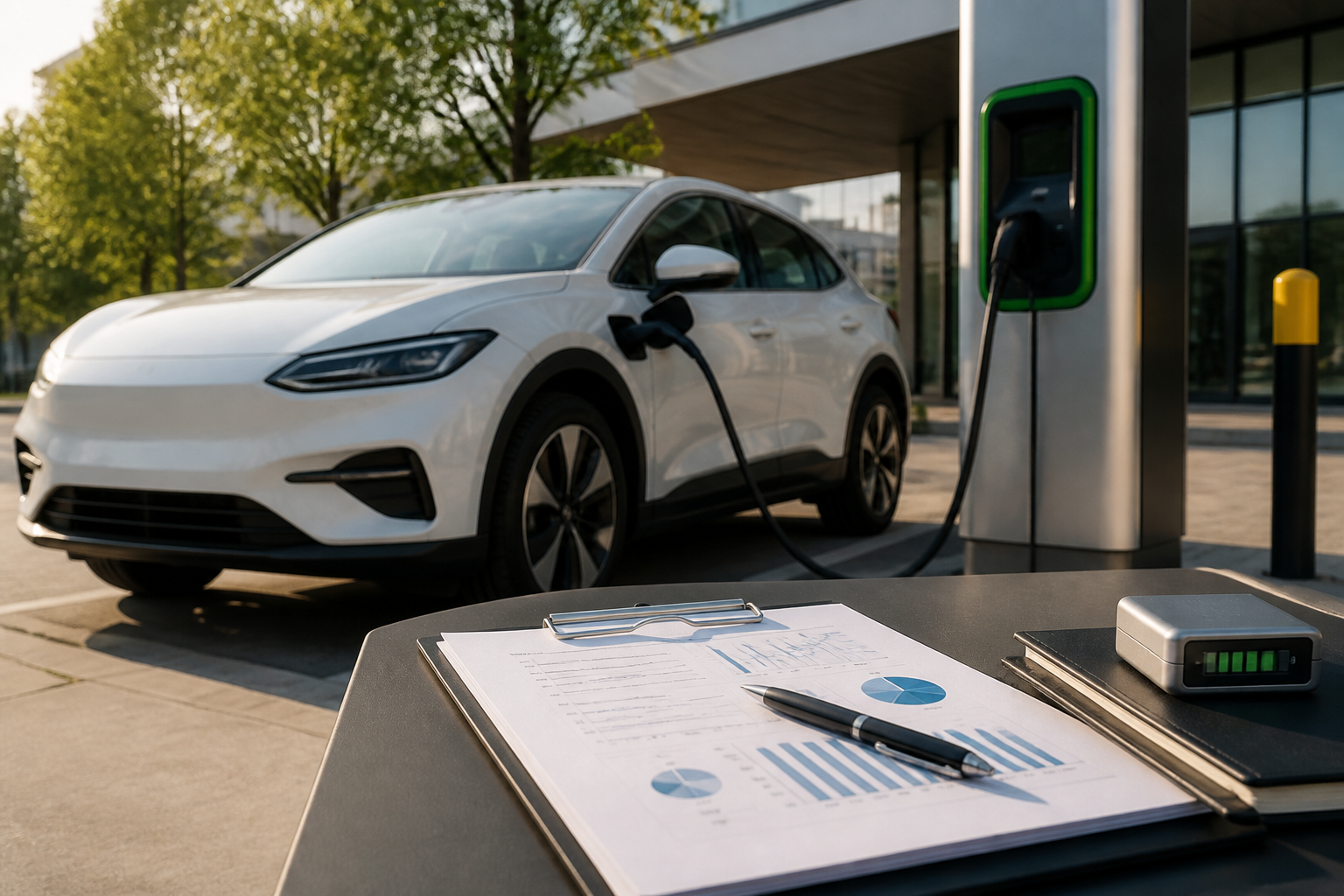 Electric vehicle parked near a modern charging station with insurance documents nearby