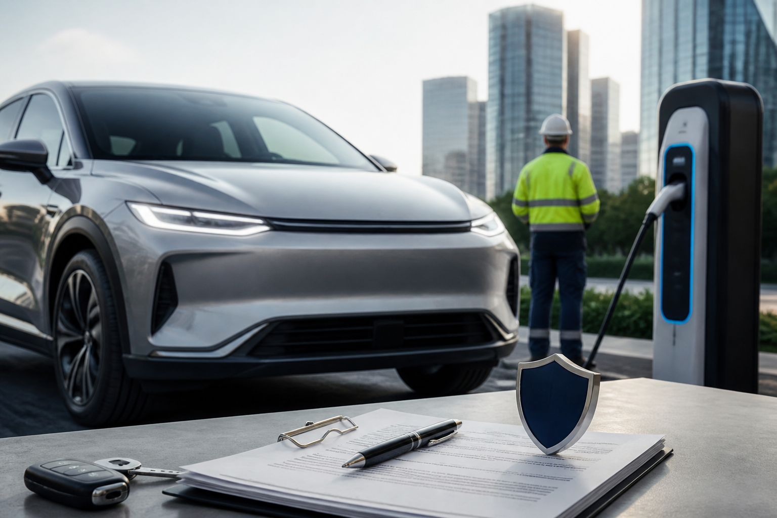 Electric vehicle parked near a modern charging station with insurance documents nearby