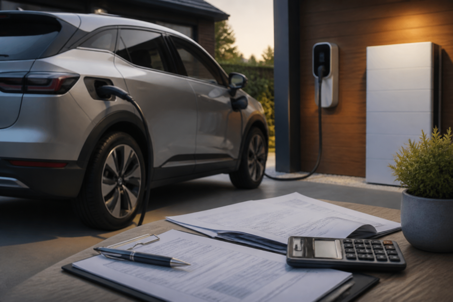 Electric vehicle parked near a modern charging station with insurance documents nearby