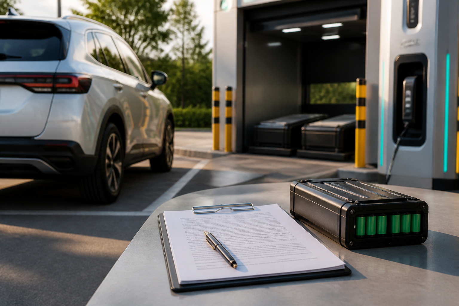 Electric vehicle parked near a modern charging station with insurance documents nearby