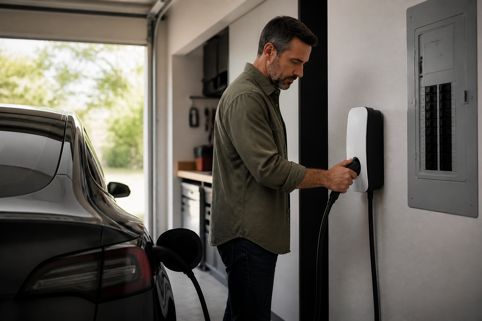A homeowner plugging an electric vehicle into a wall-mounted charging station in a modern garage, with an electrical panel visible in the background.