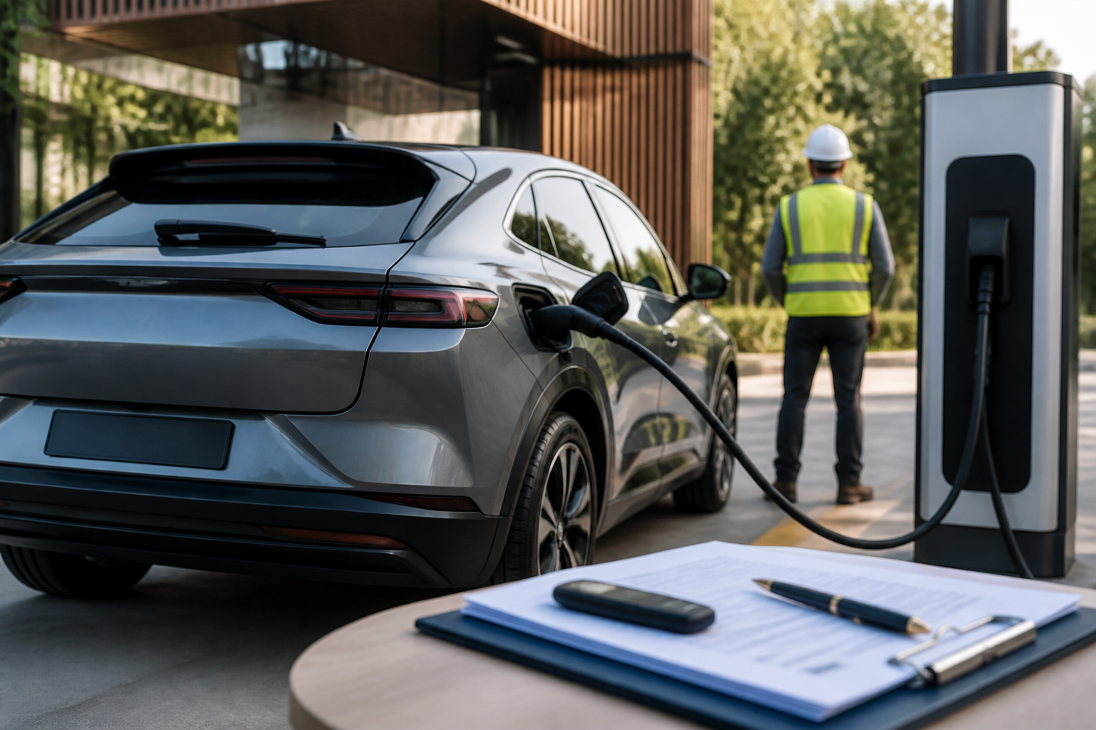 Electric vehicle parked near a modern charging station with insurance documents nearby