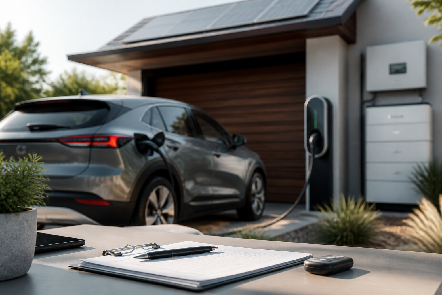 Electric vehicle parked near a modern charging station with insurance documents nearby