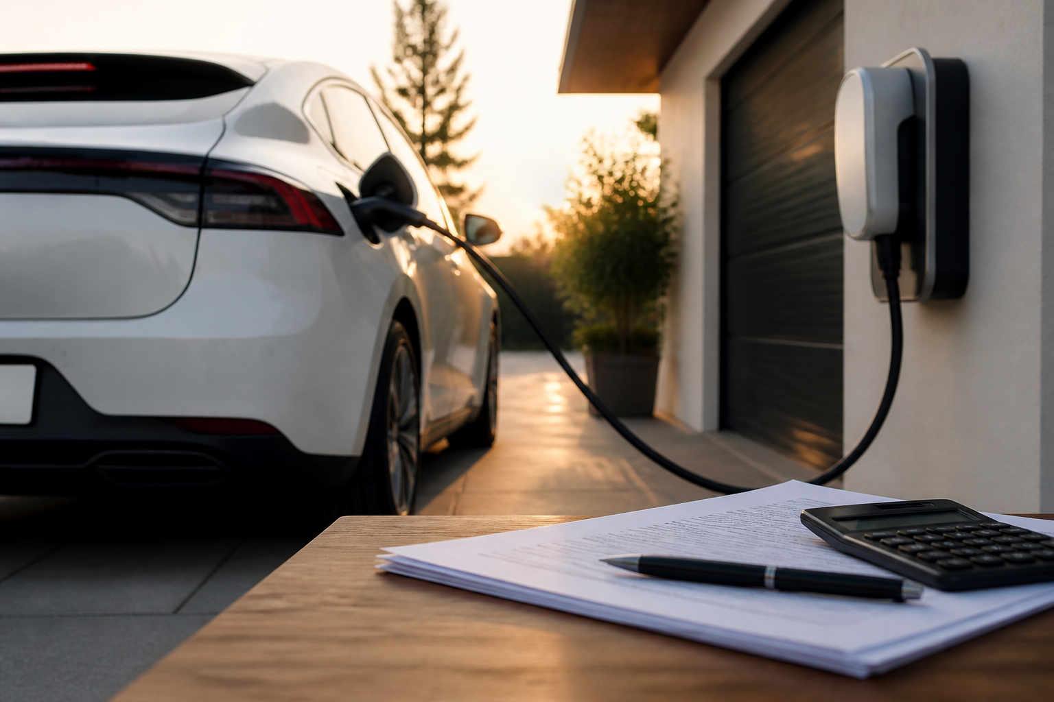 Electric vehicle parked near a modern charging station with insurance documents nearby