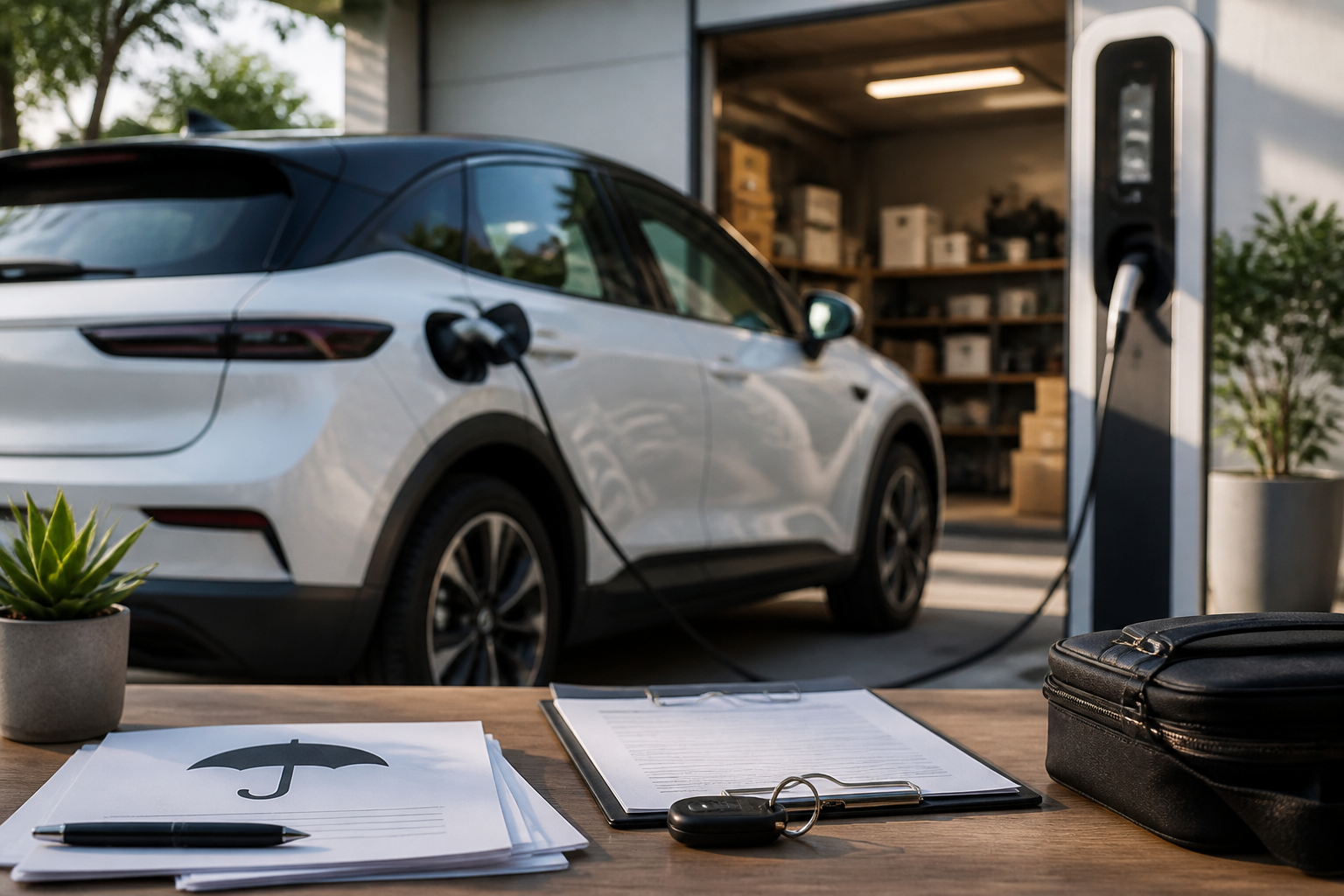 Electric vehicle parked near a modern charging station with insurance documents nearby