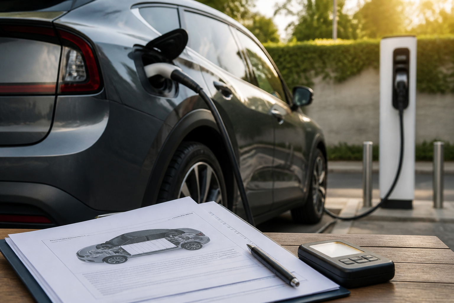 Electric vehicle parked near a modern charging station with insurance documents nearby