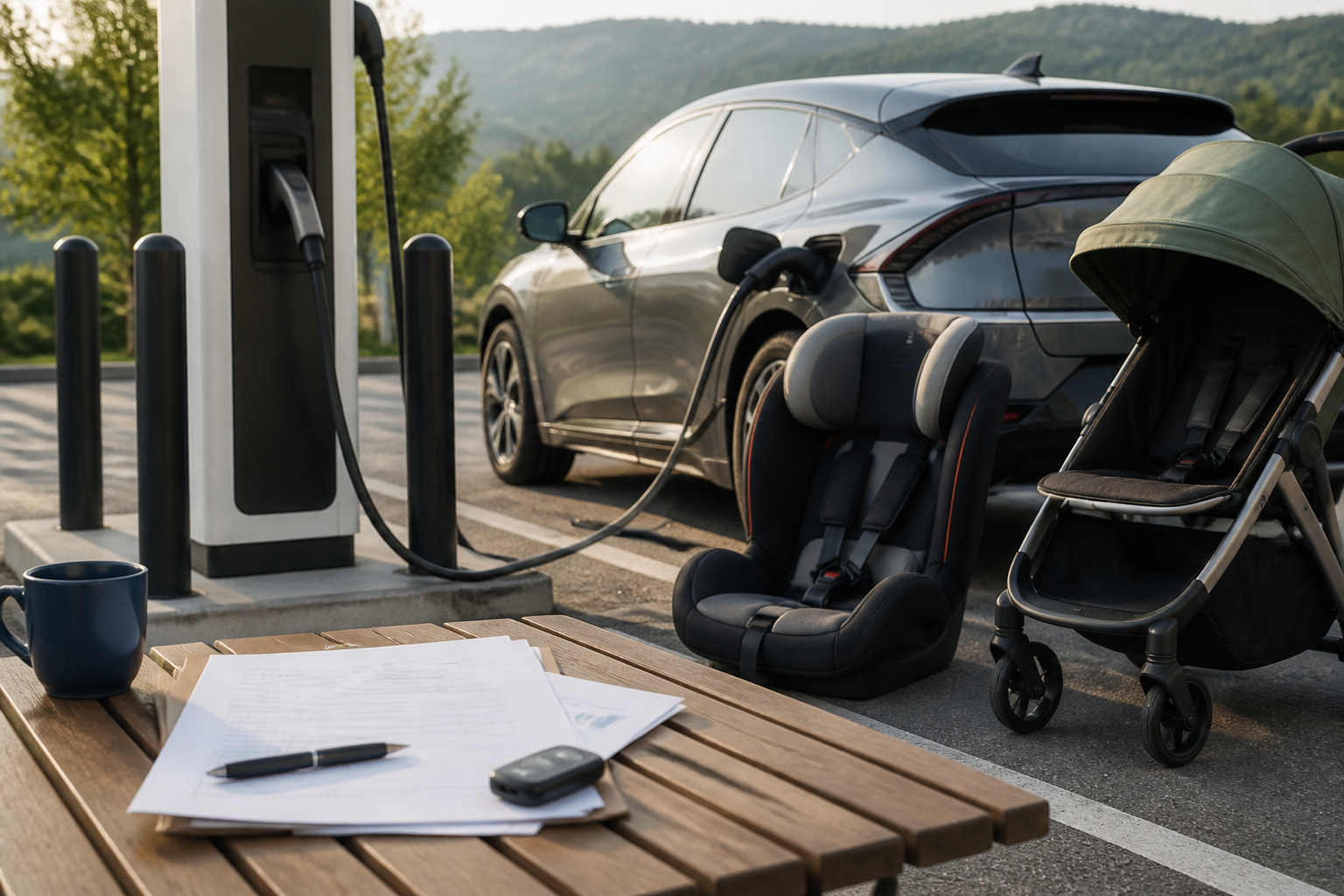 Electric vehicle parked near a modern charging station with insurance documents nearby