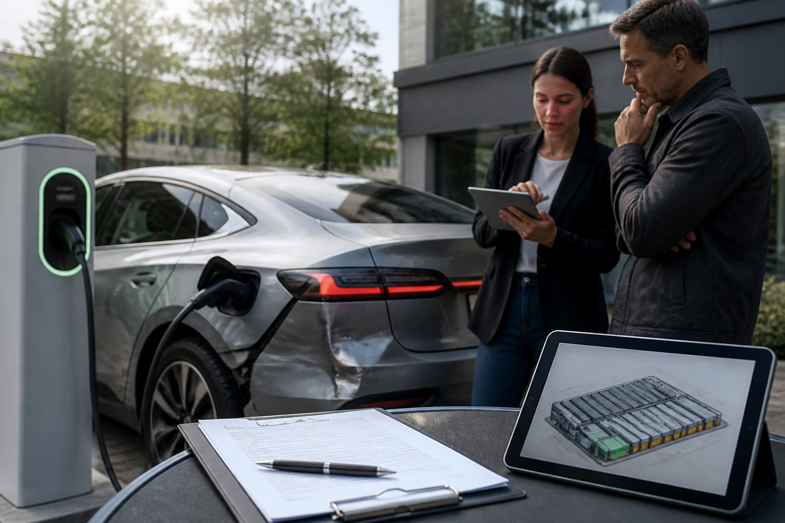 Electric vehicle parked near a modern charging station with insurance documents nearby