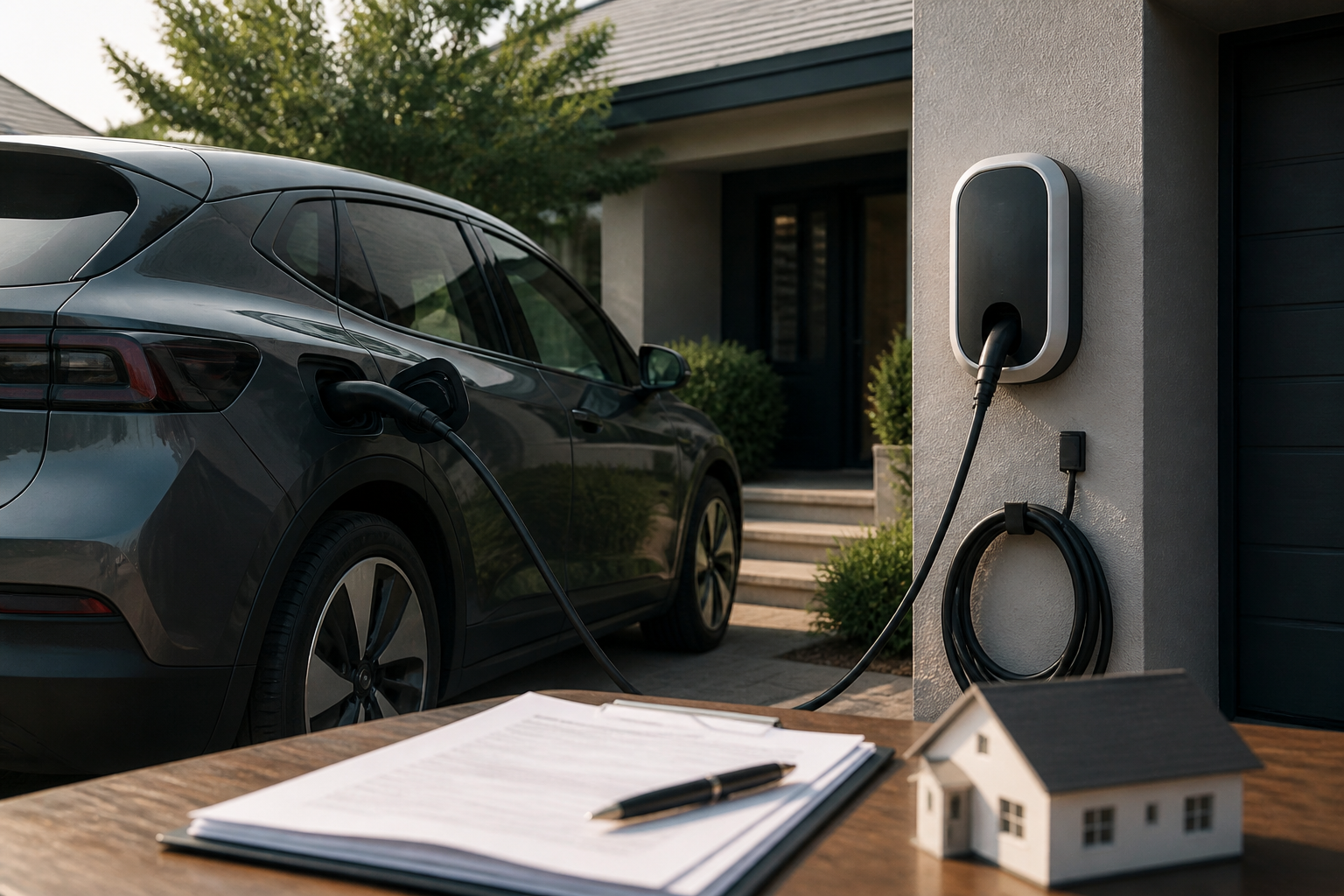Electric vehicle parked near a modern charging station with insurance documents nearby