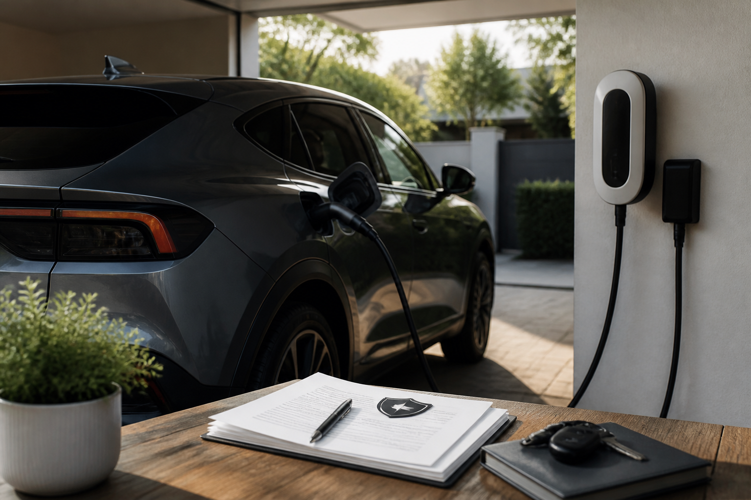Electric vehicle parked near a modern charging station with insurance documents nearby