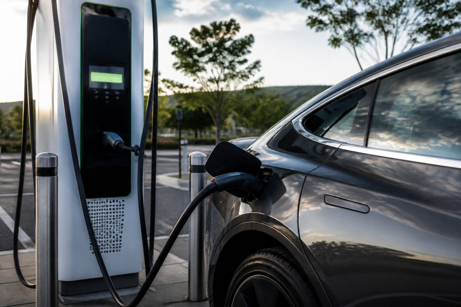 A modern electric vehicle is plugged into a DC Fast Charger at a public charging station, with charging cables and an illuminated screen visible.