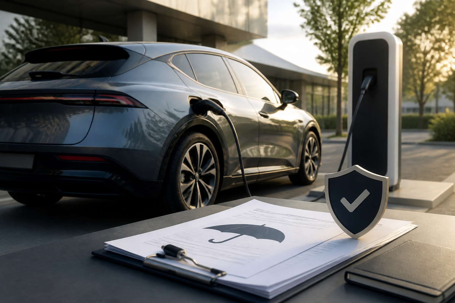 Electric vehicle parked near a modern charging station with insurance documents nearby
