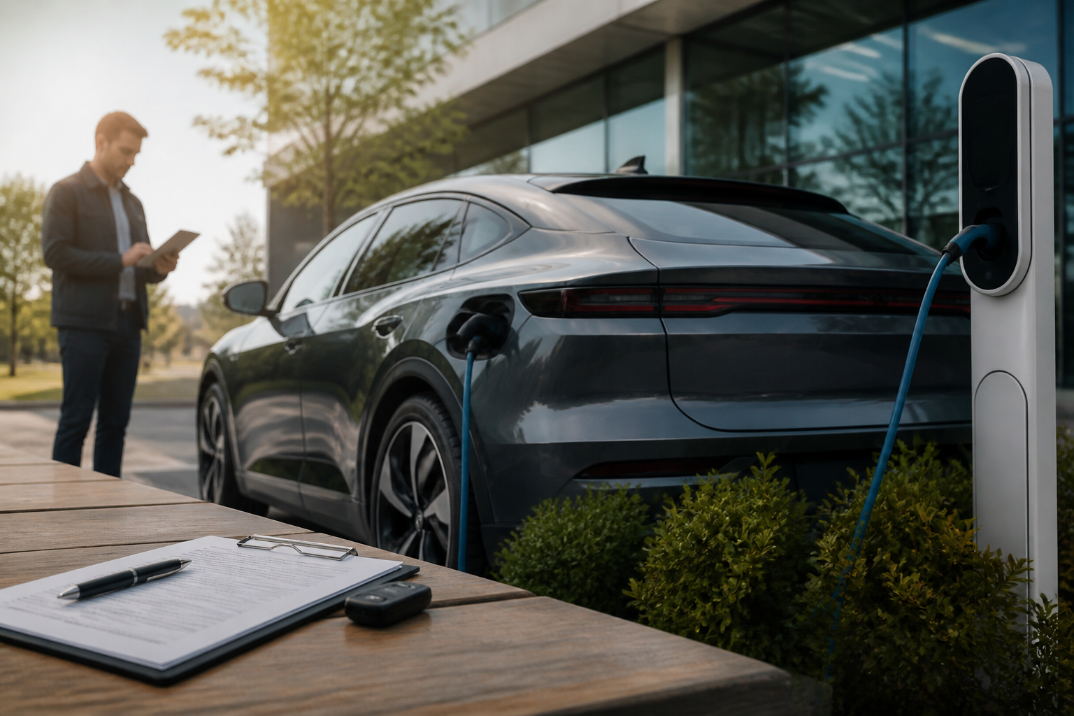 Electric vehicle parked near a modern charging station with insurance documents nearby
