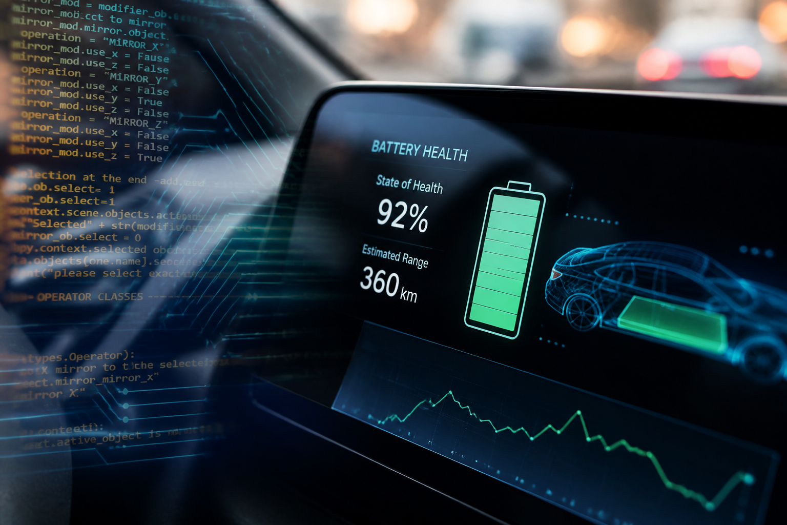 Close-up of a digital dashboard display showing electric vehicle battery health metrics, including State of Health (SOH) and estimated range, with lines of code or data streams overlaid.